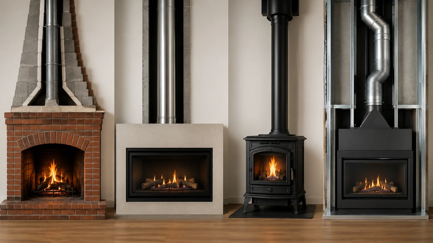 Various fireplace types requiring different chimney cleaning approaches