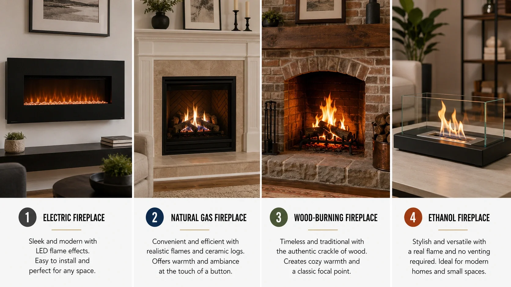 Comparison of different fireplace types including electric, gas, wood, and ethanol