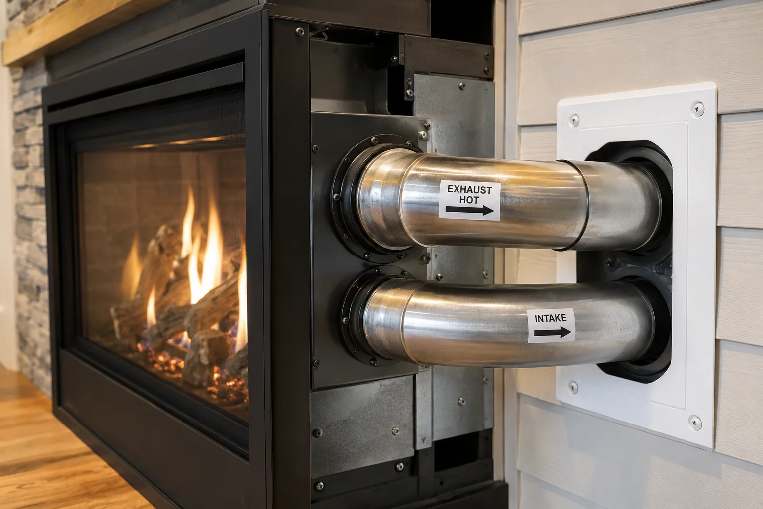 Direct vent fireplace installation with dual pipe system