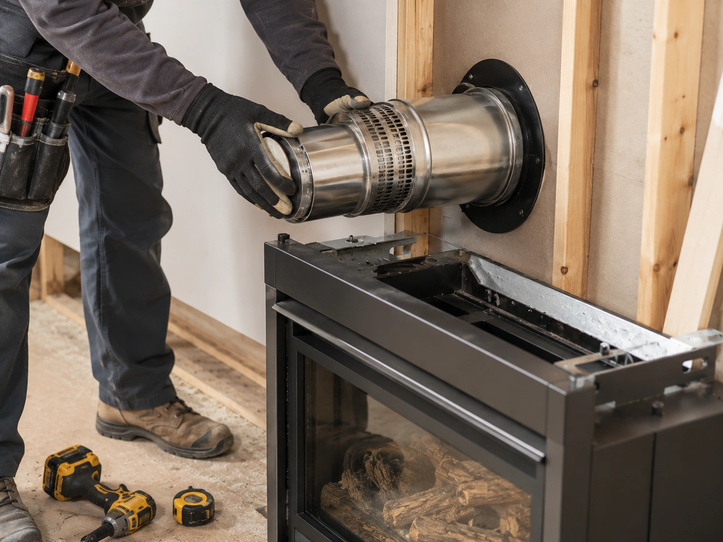 Professional installation of direct vent fireplace through exterior wall