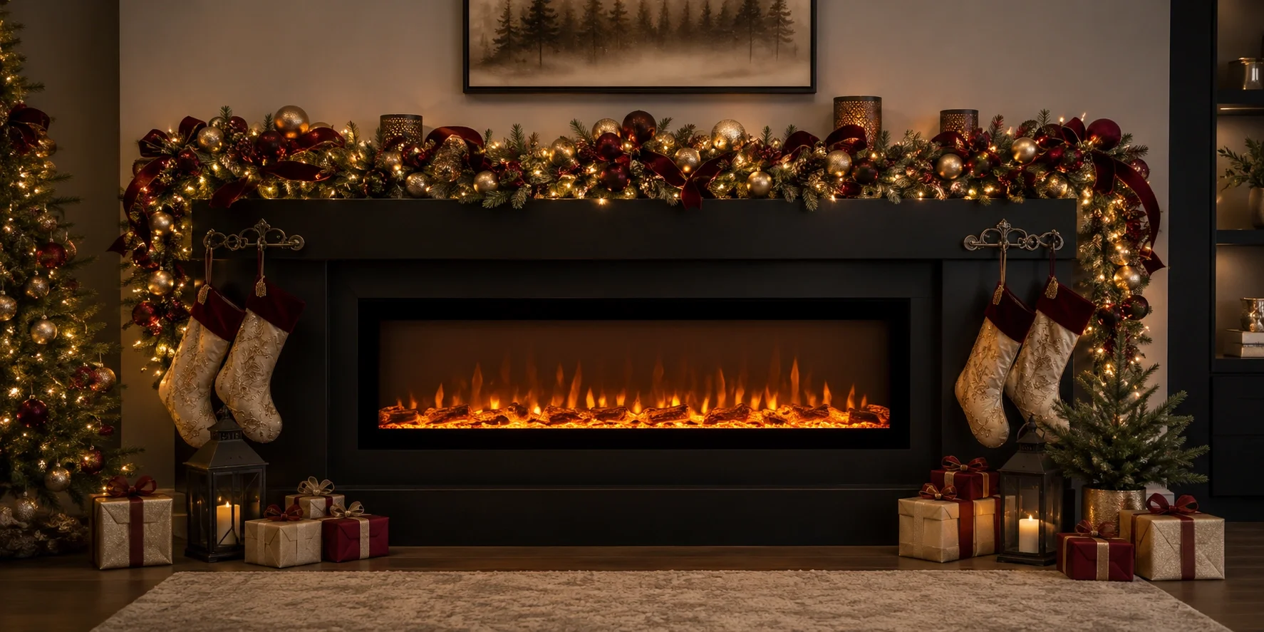 Beautifully decorated electric fireplace with elaborate mantel display and safe proximity to the unit
