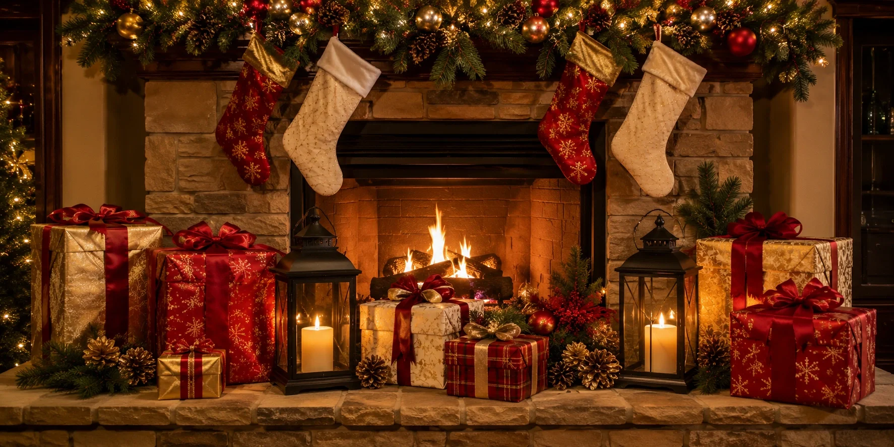 Festive hearth display with wrapped gift boxes, lanterns, and greenery