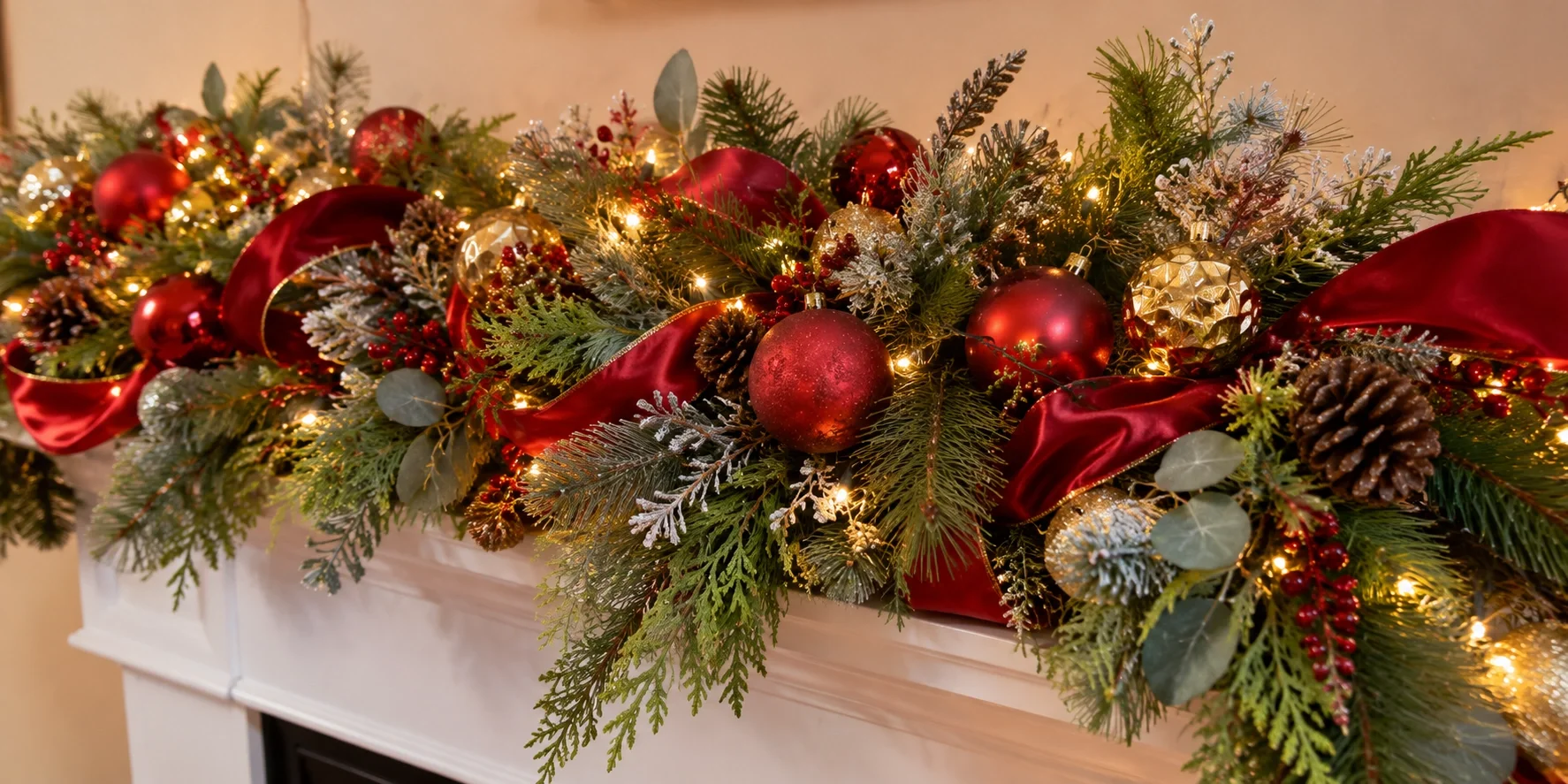 DIY Christmas mantel decorated with lush garland, ornaments, and ribbon