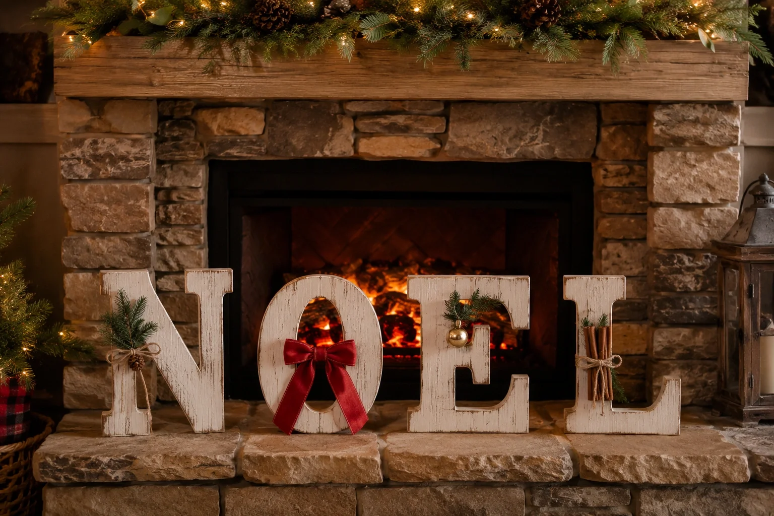 Fireplace surround decorated with wooden letters spelling NOEL