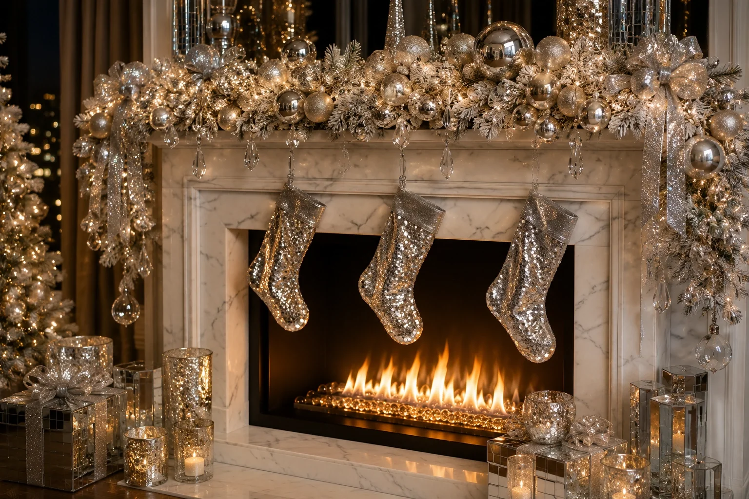 Glamorous Christmas fireplace with metallic gold and silver decorations and glittering accents
