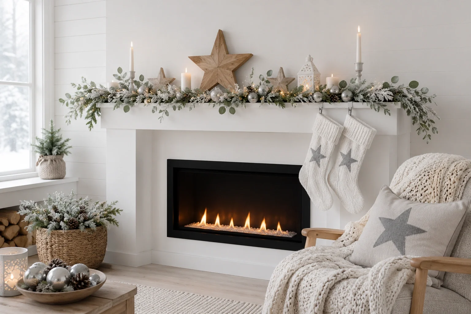 Nordic themed Christmas fireplace with white and silver decorations and natural elements