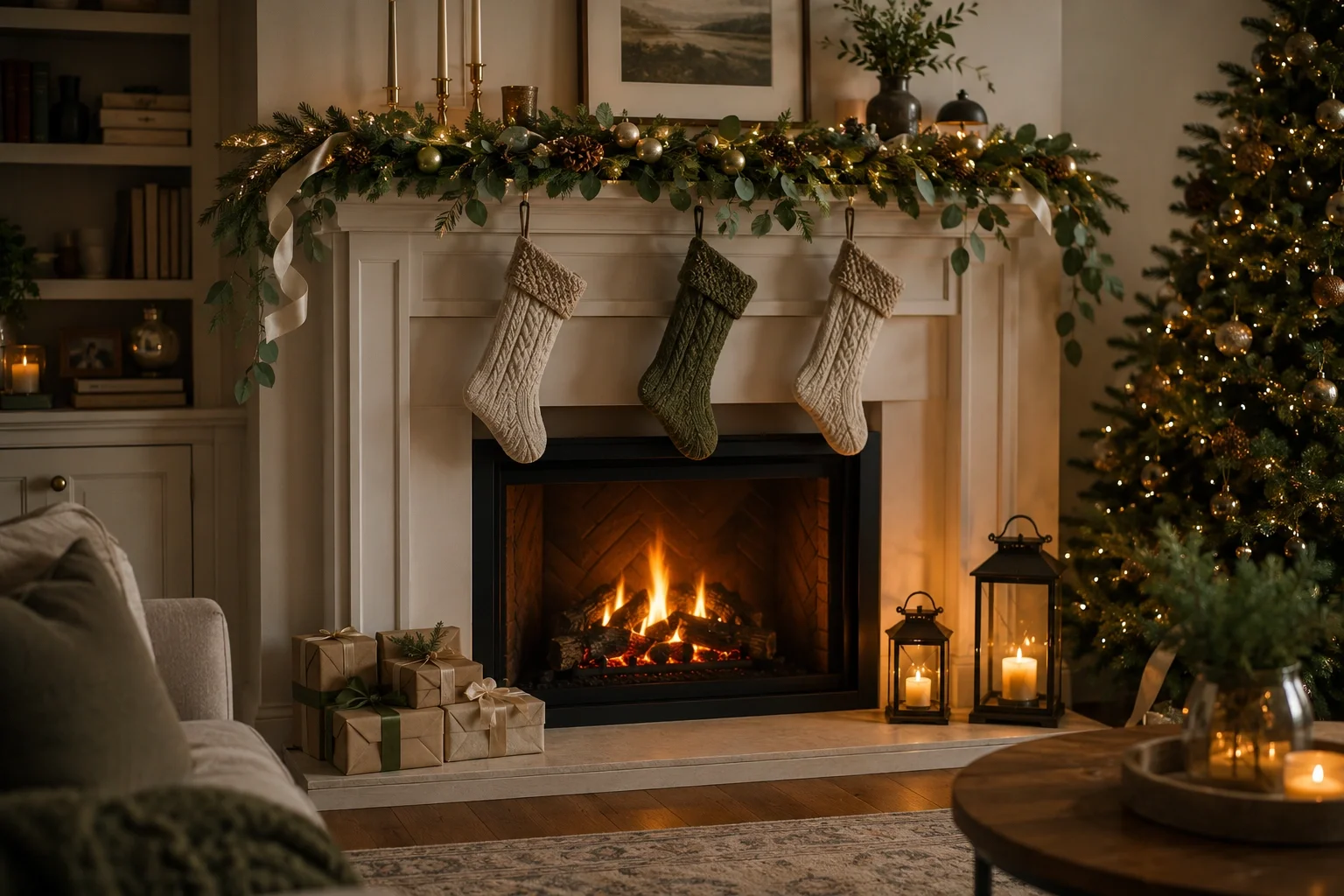 Beautifully decorated fireplace for Christmas with garlands, stockings, and ornaments