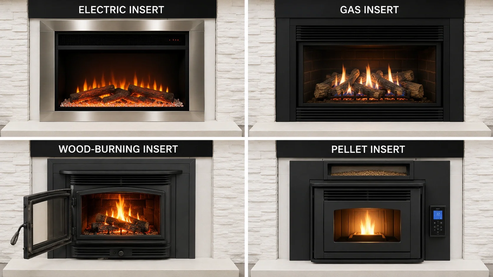 Different types of fireplace inserts side by side comparison
