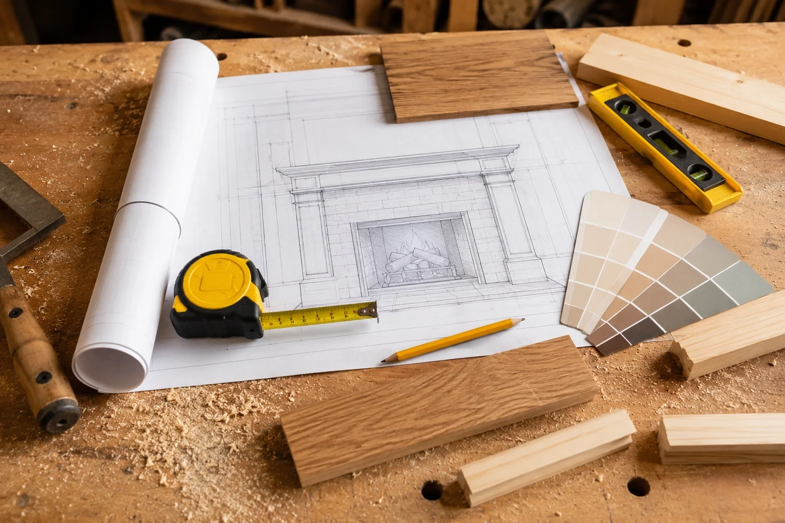 Planning phase of DIY fireplace construction with materials and tools