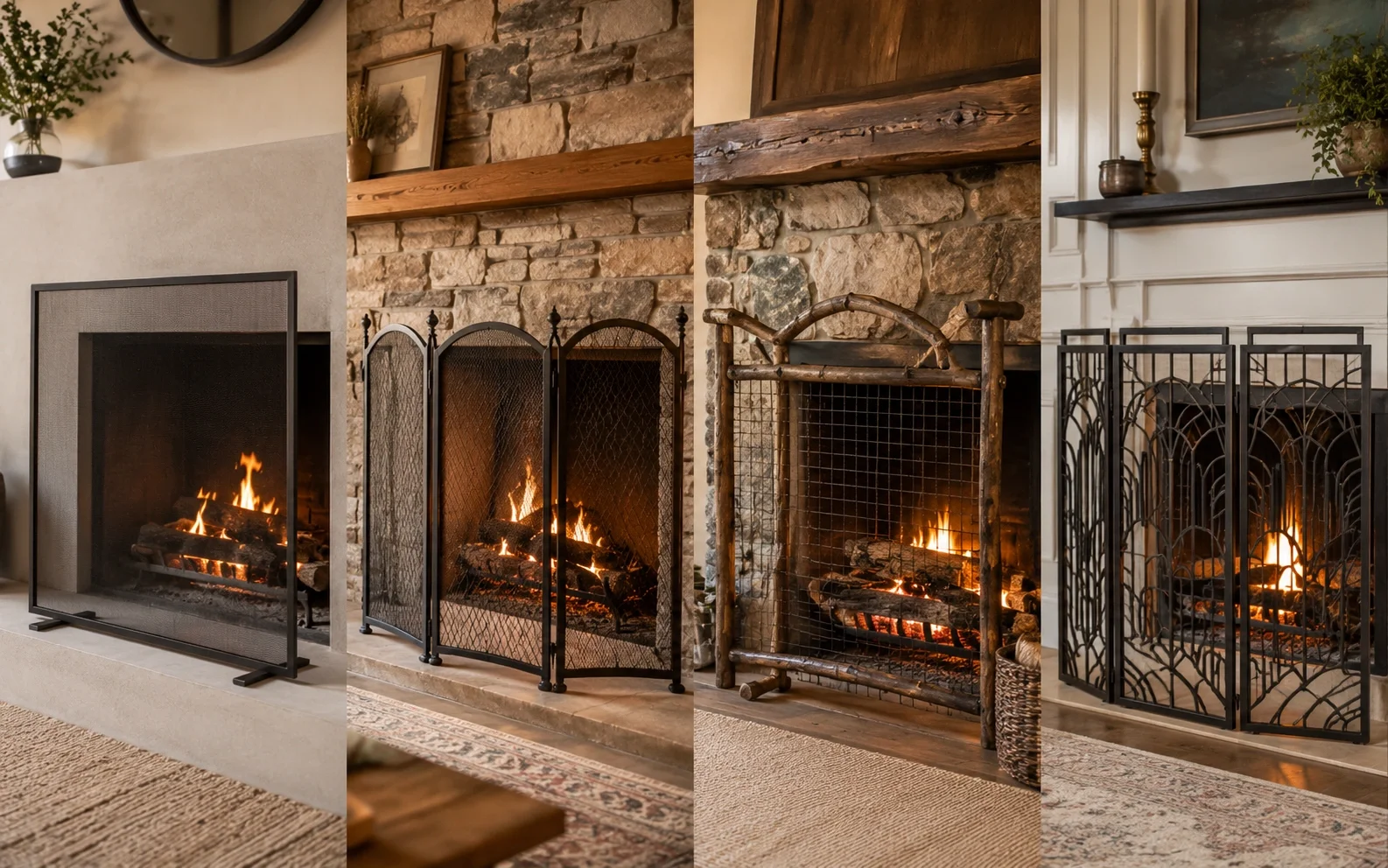 Various DIY fireplace screen designs in different styles