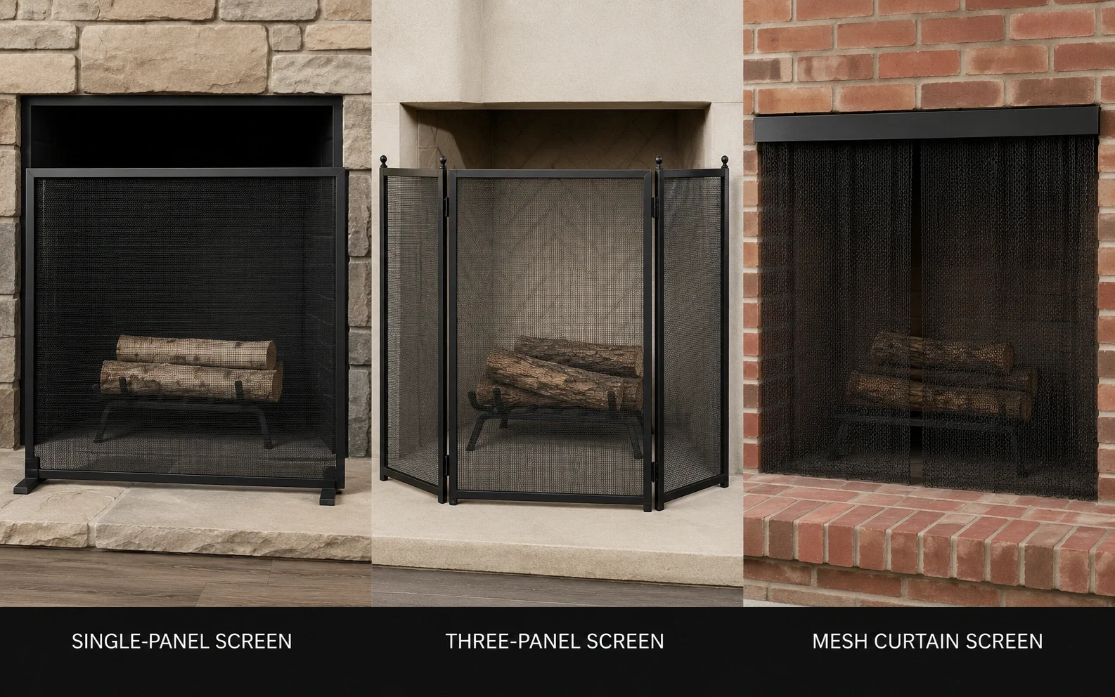Different types of DIY fireplace screens - single panel, folding, and mesh curtain styles