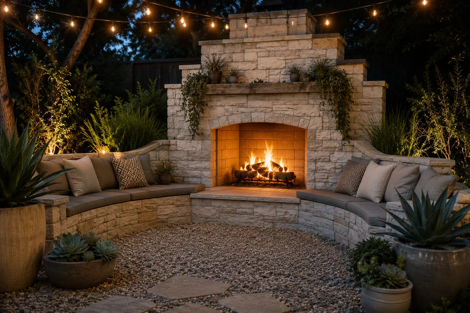 Garden fireplace with built-in seating area