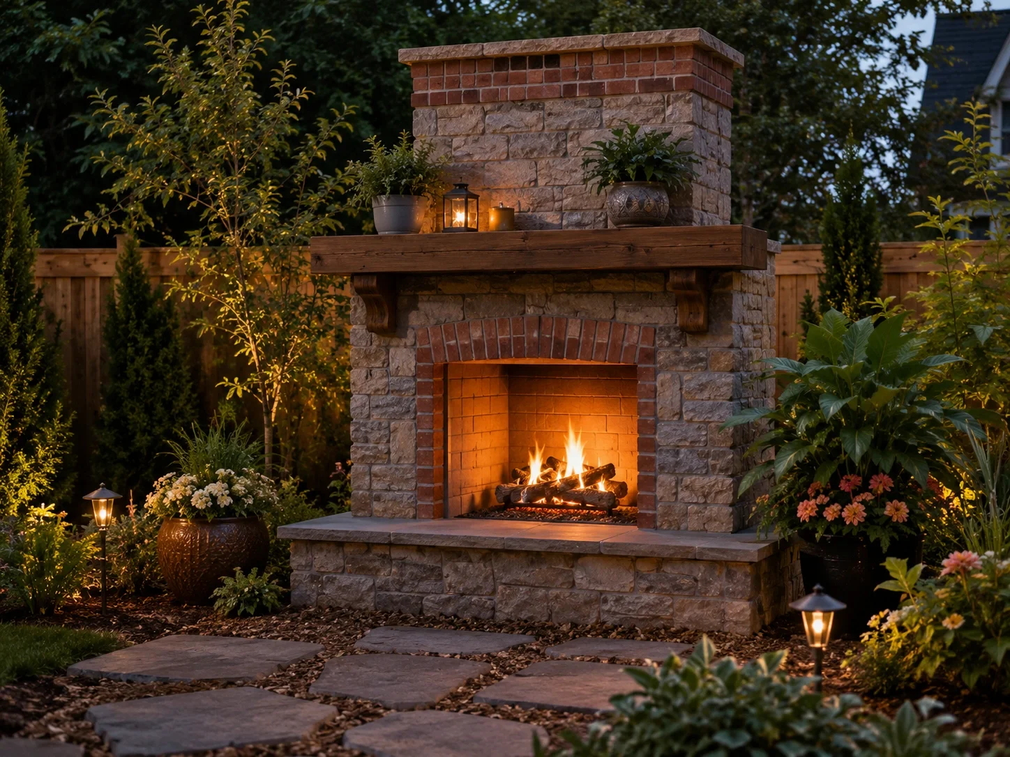 Beautiful DIY garden fireplace in a backyard setting