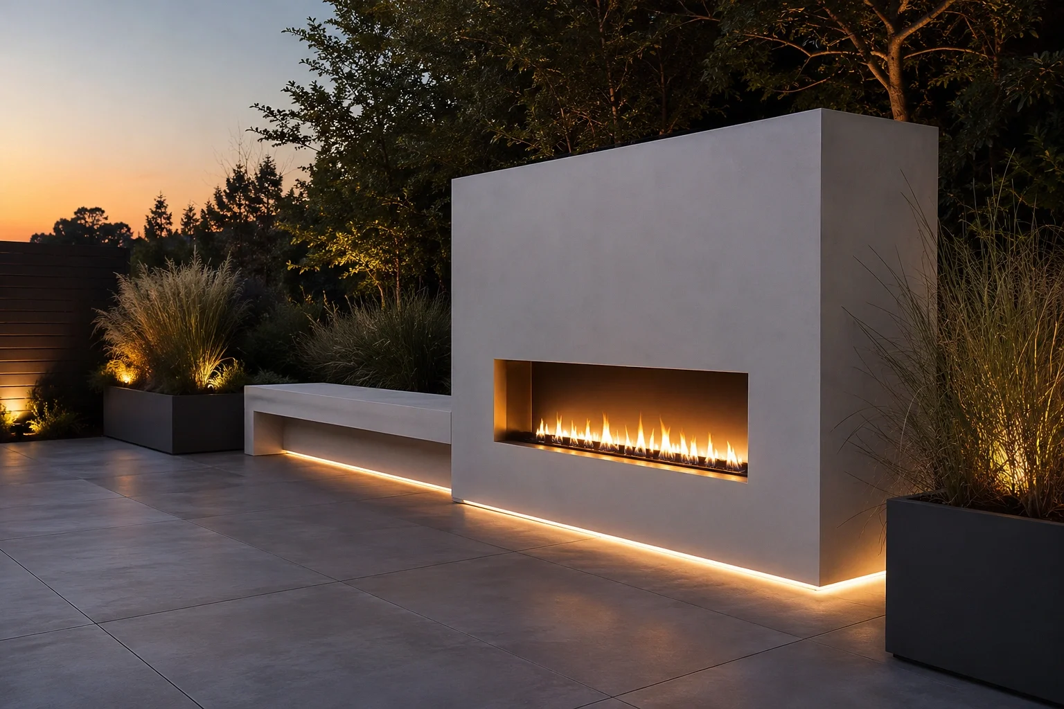 Modern concrete garden fireplace with clean lines