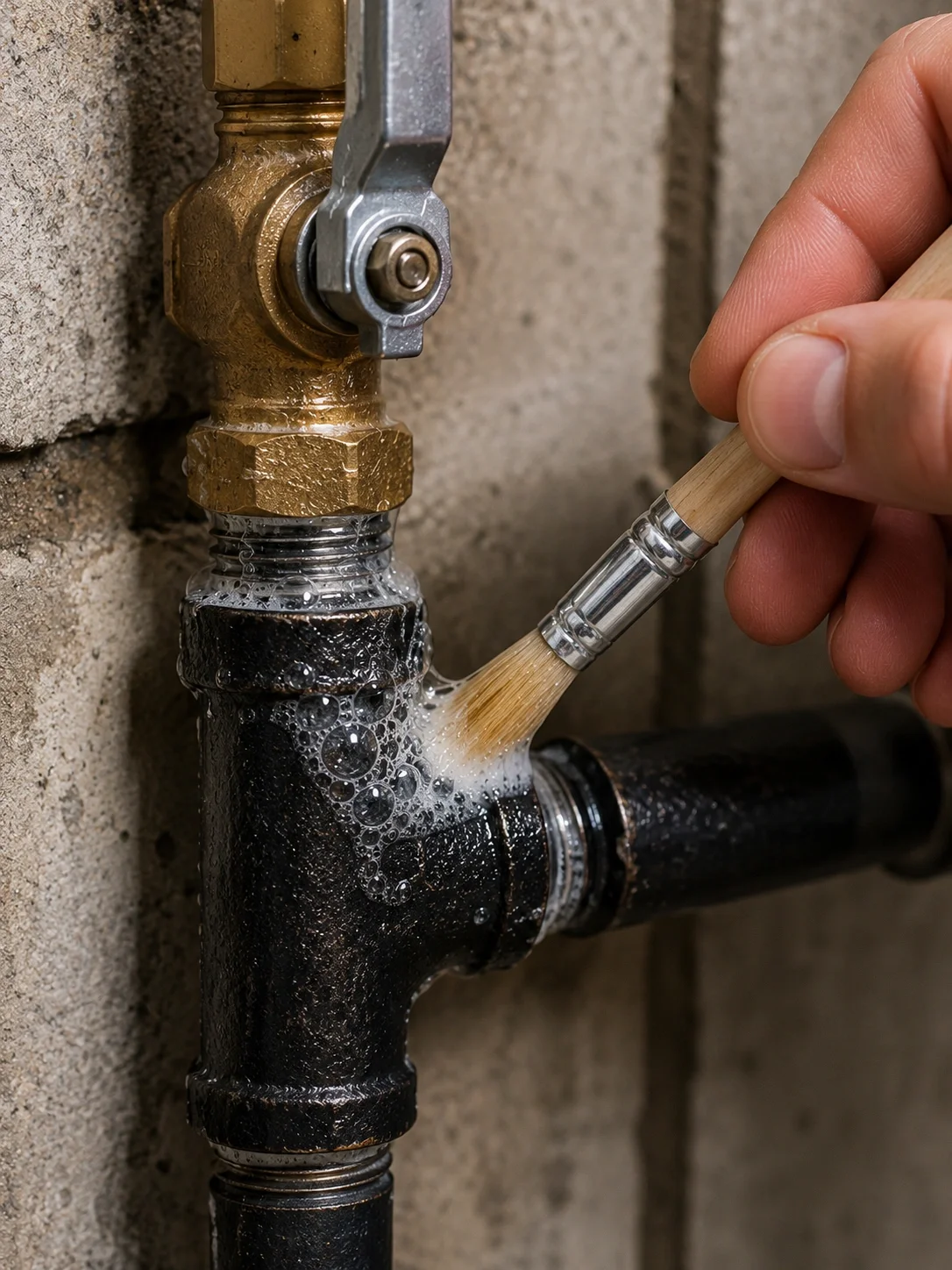 Testing gas connections for leaks with soapy water