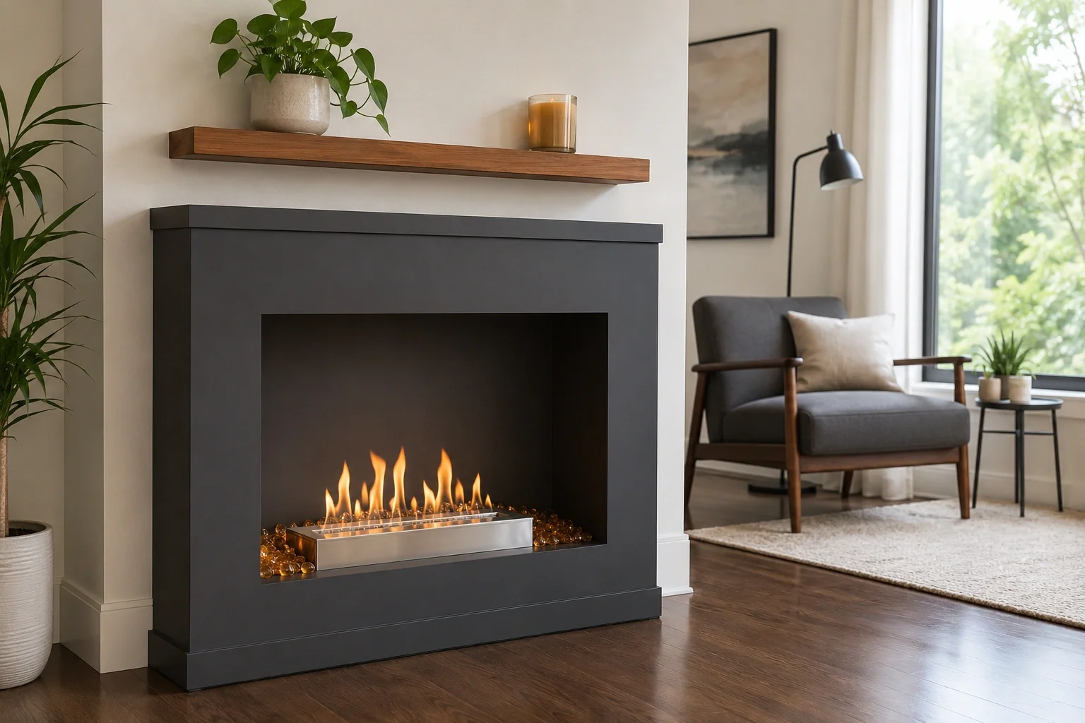 Modern DIY ventless fireplace in a contemporary living room