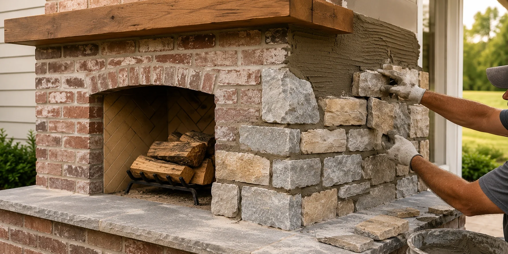 Exterior finishing of DIY wood fireplace