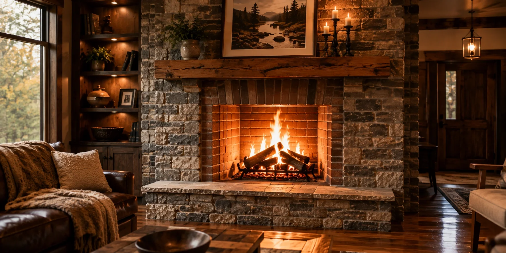 Beautiful DIY wood fireplace in a living room setting