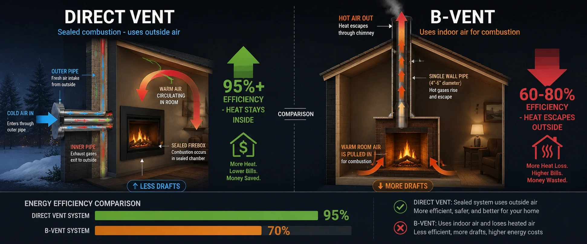 Efficiency comparison between direct vent and B-vent fireplaces