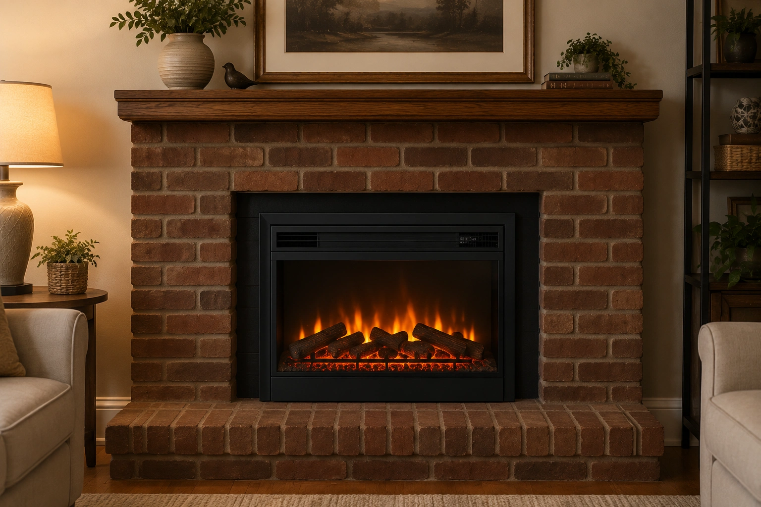 Electric fireplace insert in existing fireplace