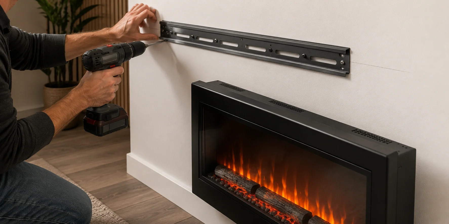 Electric fireplace wall-mounted installation process showing mounting bracket