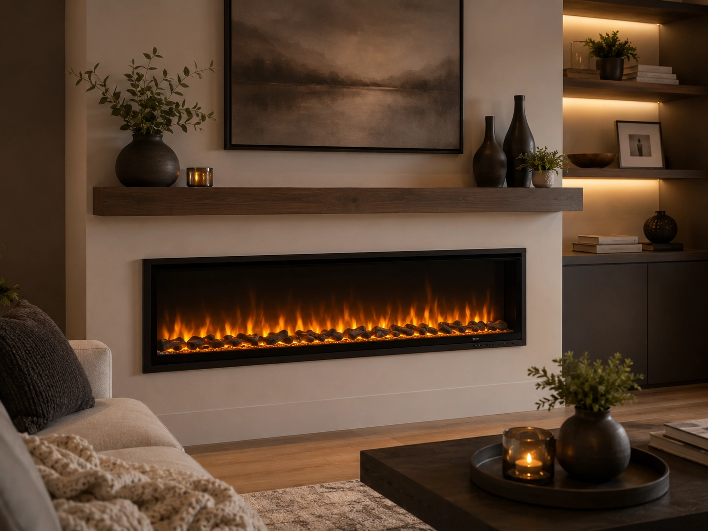 Modern electric fireplace with realistic flame effect