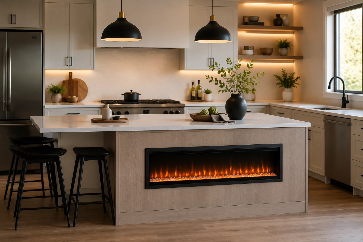 Electric fireplace integrated into kitchen design