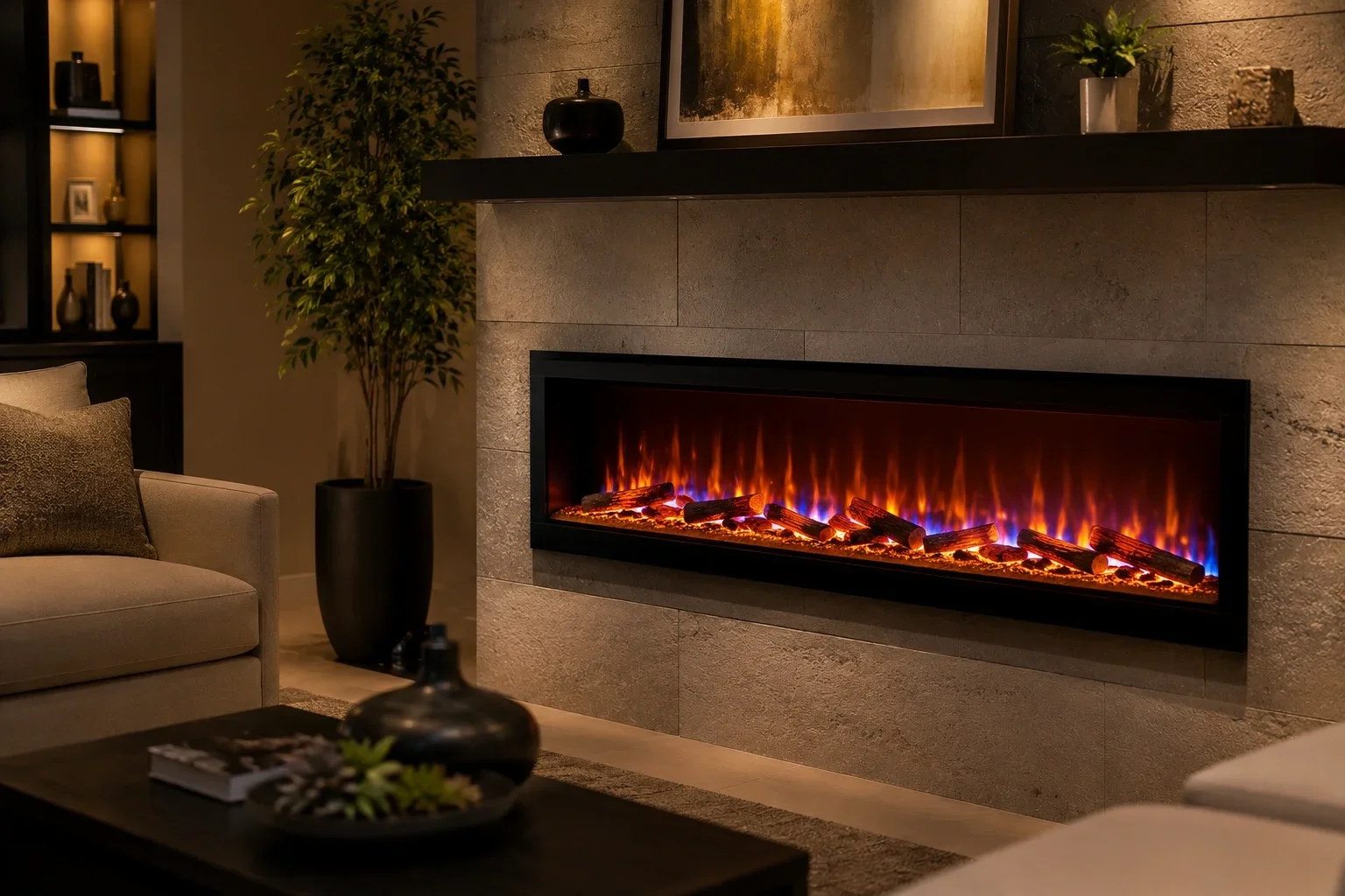 Electric fireplace with LED flame effect in contemporary home
