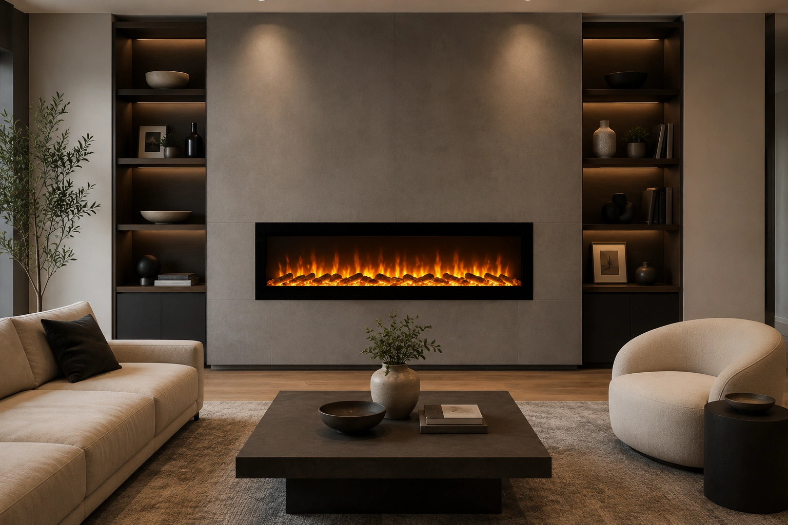 Modern living room with wall-mounted electric fireplace