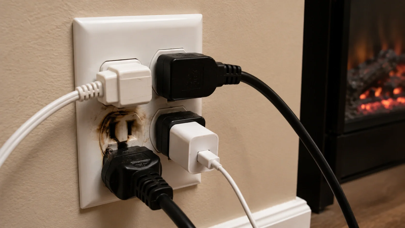 An overloaded power outlet with multiple plugs, including an electric fireplace, causing a breaker trip