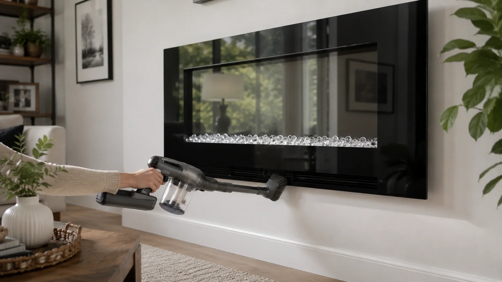Dusting the interior and vents of an electric fireplace