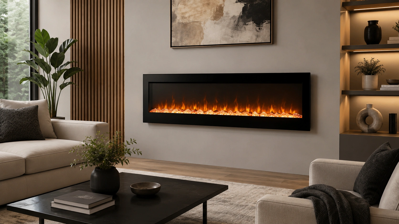 Electric fireplace with realistic flame effect in modern living room