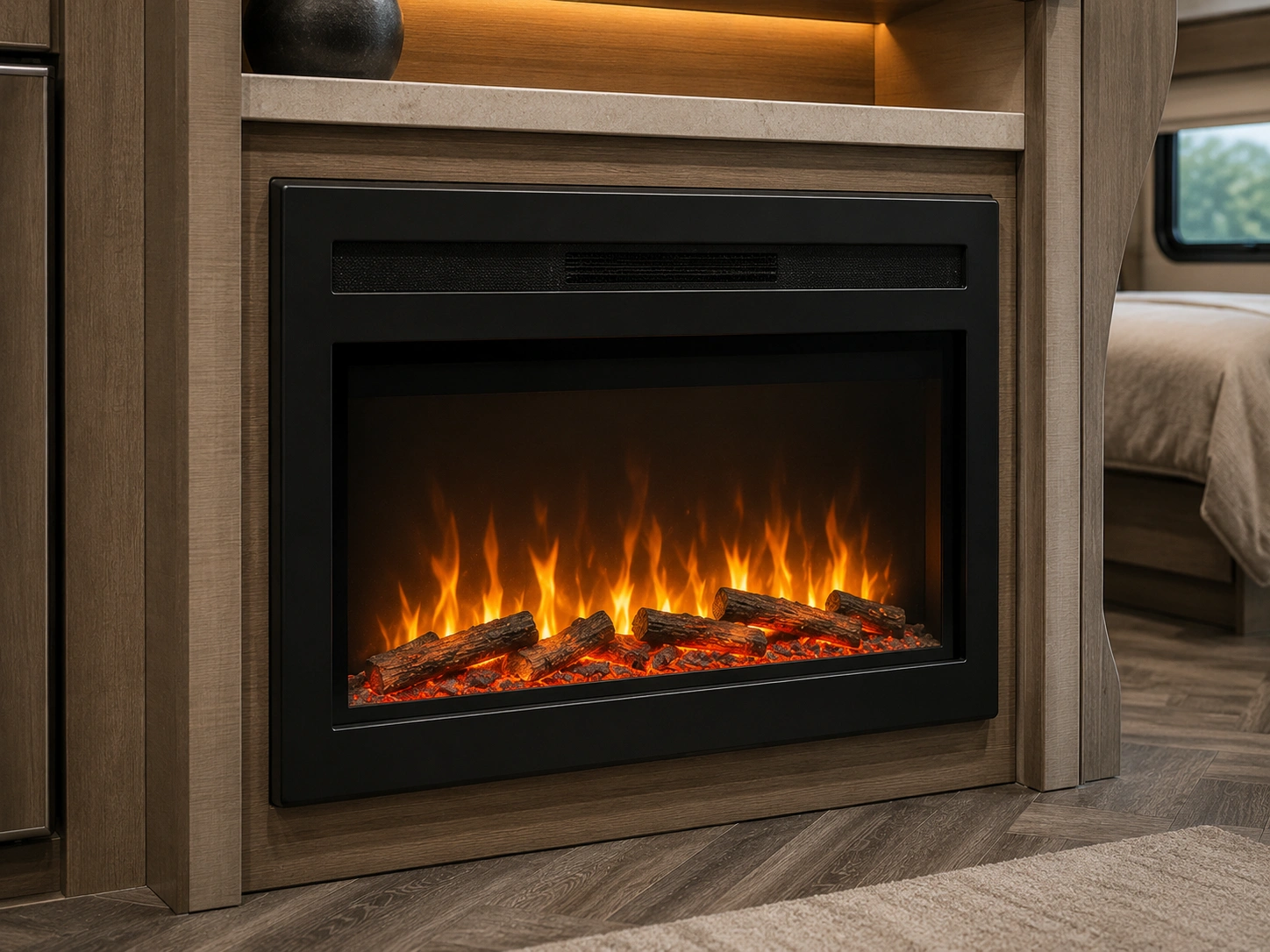 Electric RV fireplace with realistic flame effect