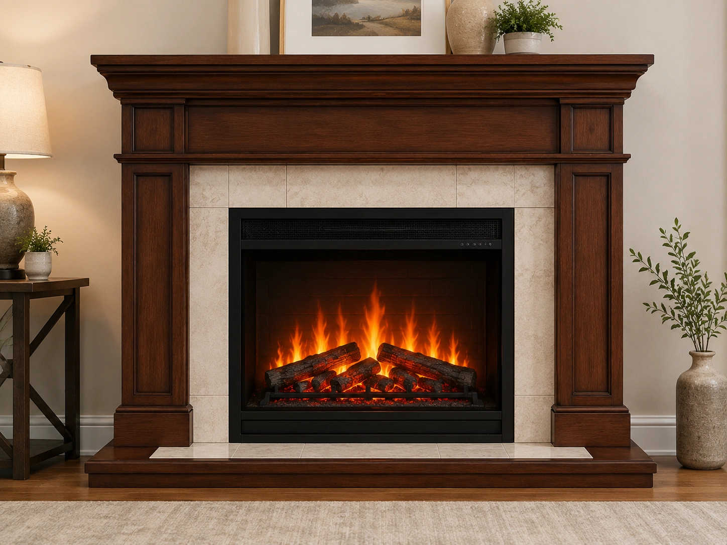 Electric set fireplace with modern mantel and surround