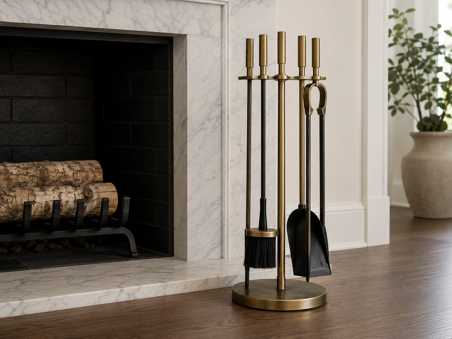 Elegant fireplace tool set with matching stand