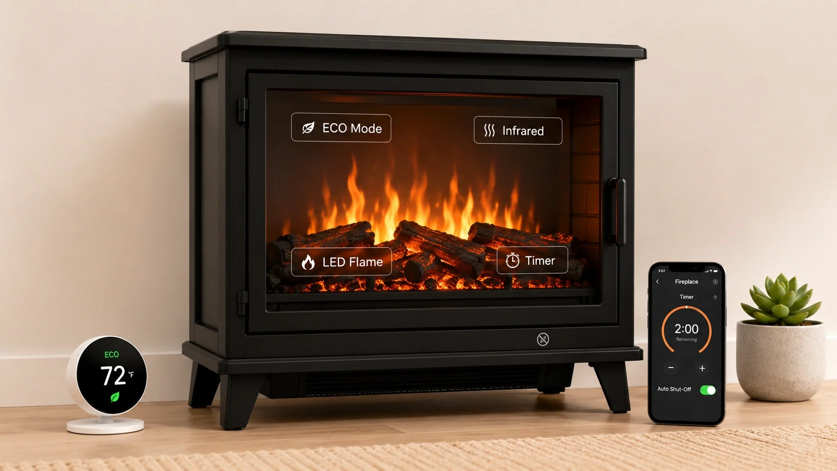 Energy-efficient electric fireplace features