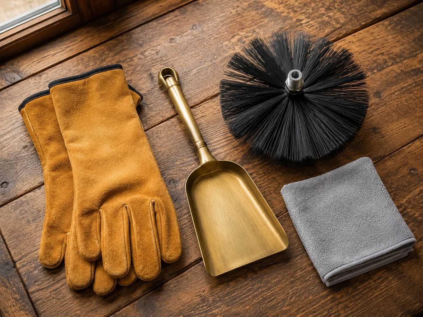 Essential fireplace maintenance tools and gloves