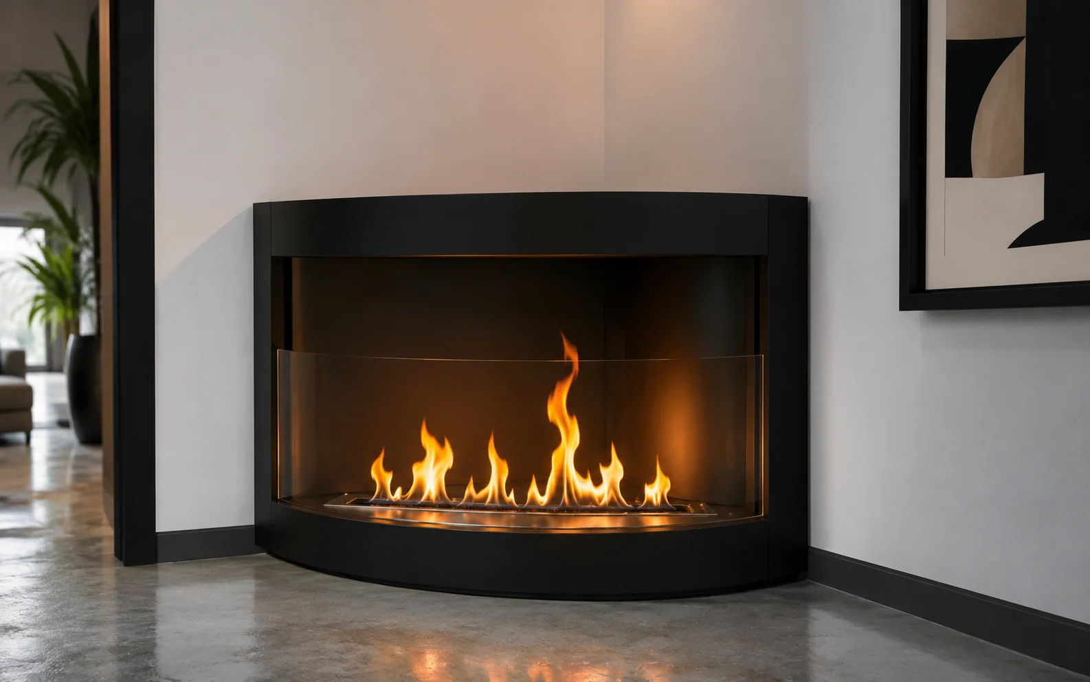 Sleek ethanol corner fireplace with real flames