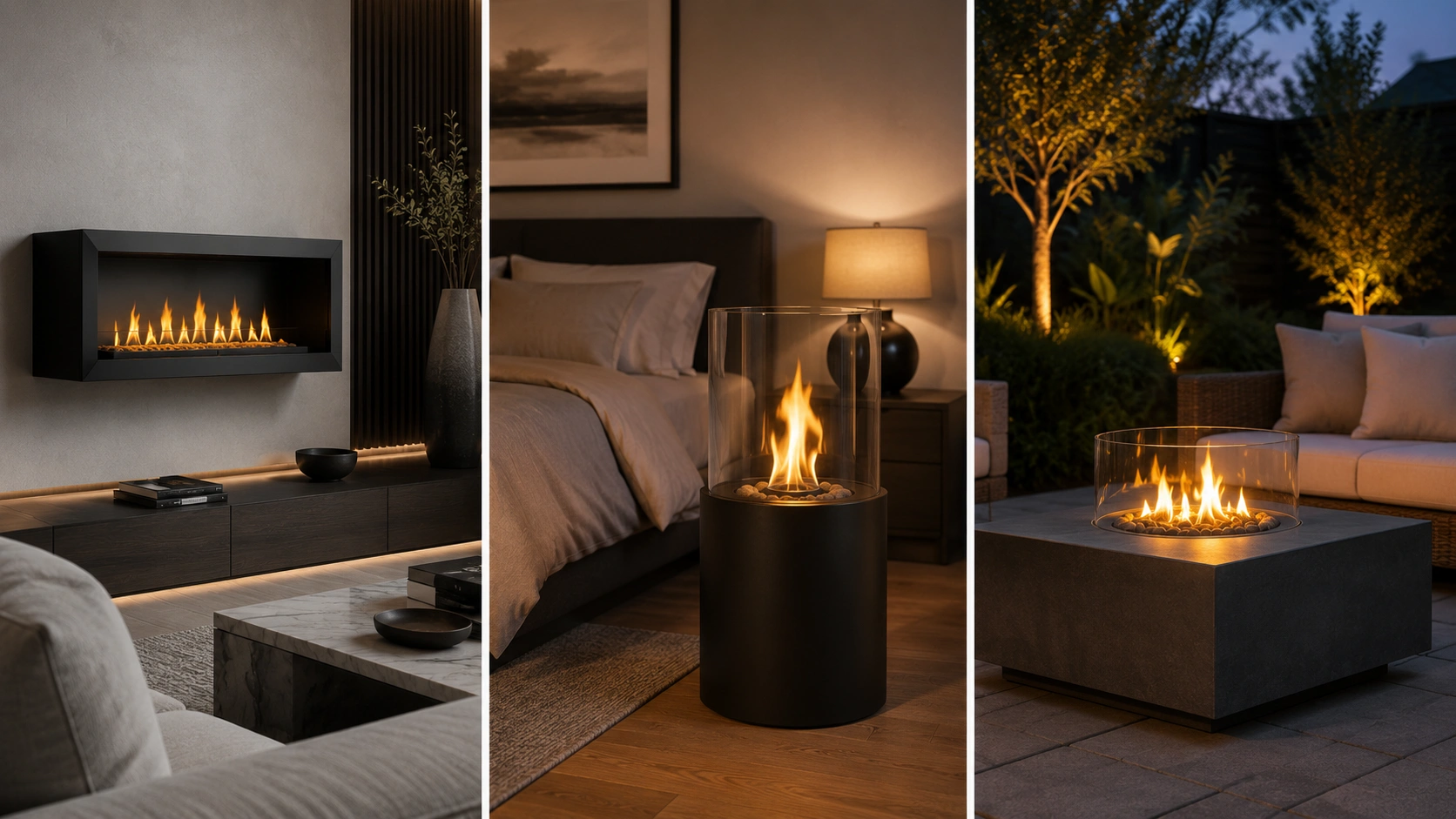 Various ethanol fireplace designs in different room settings