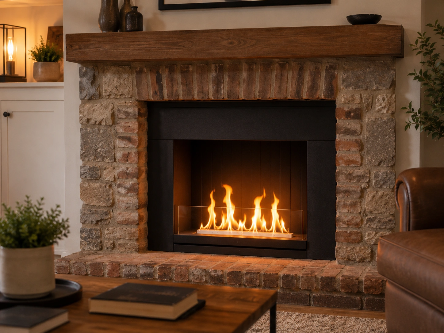 Ethanol fireplace insert in existing fireplace opening