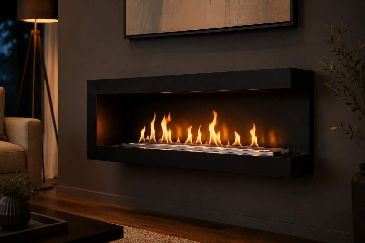 Ethanol fireplace with real flame in modern living room