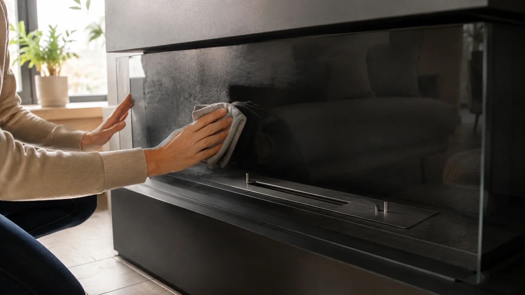 Person cleaning ethanol fireplace glass panels with microfiber cloth