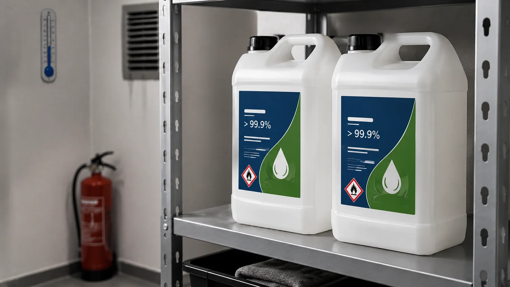 Properly stored ethanol fuel containers in a cool dry location