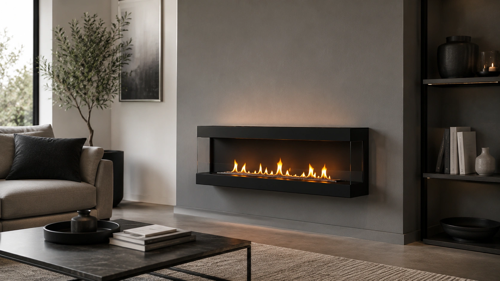 Sleek ethanol fireplace with clean-burning flames