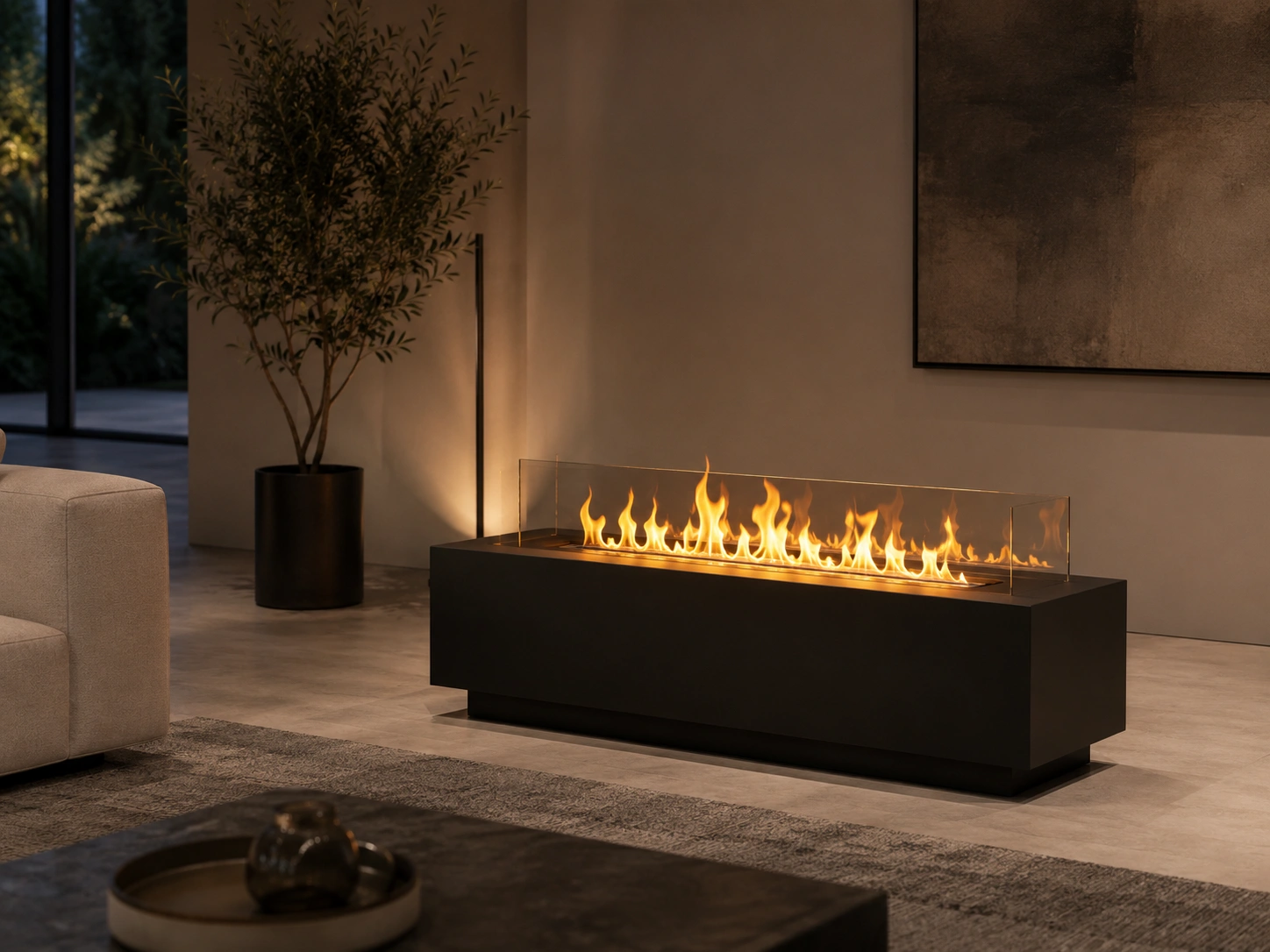 Sleek ethanol standalone fireplace with real flames