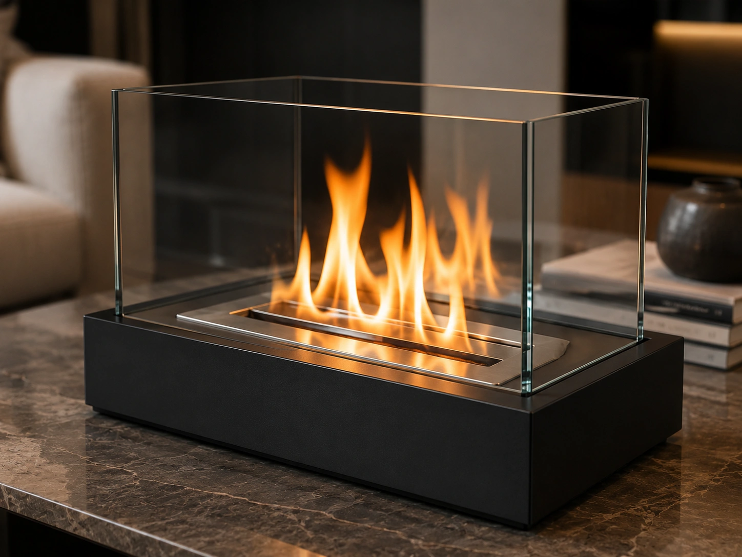 Ethanol tabletop fireplace with real flame