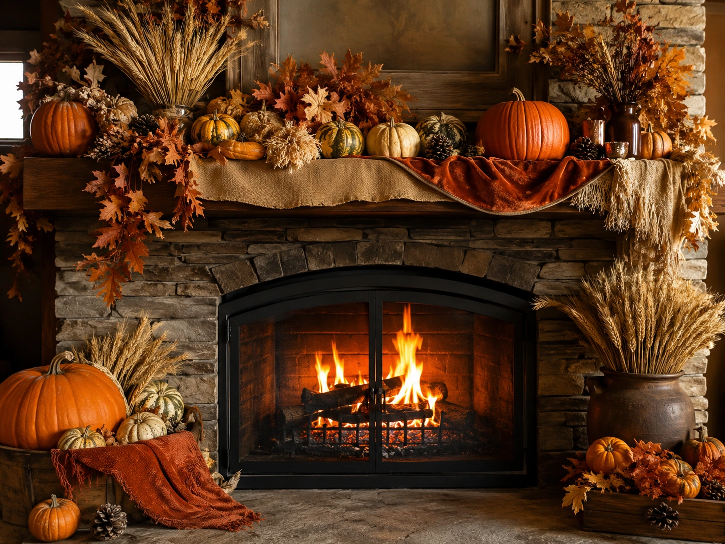 Fall fireplace decor with pumpkins and warm tones