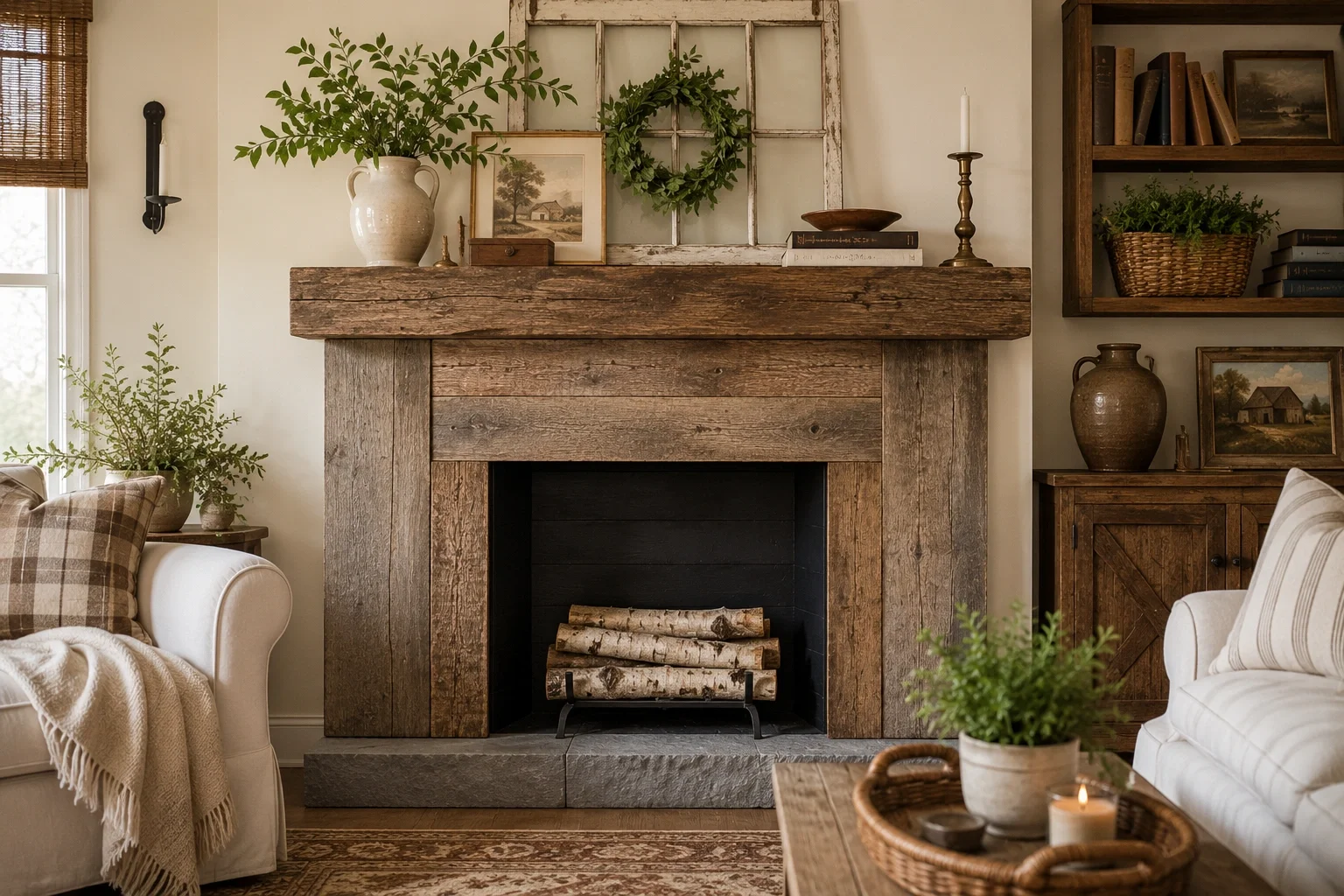 Rustic farmhouse style faux fireplace