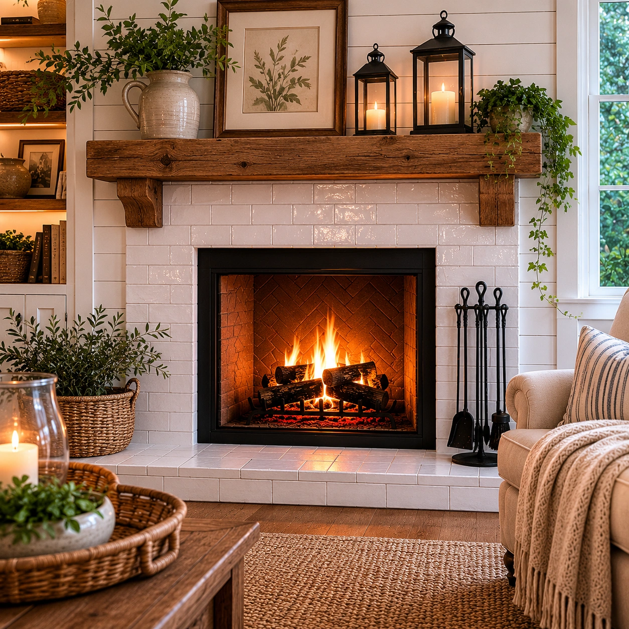 Farmhouse style tile fireplace with rustic charm
