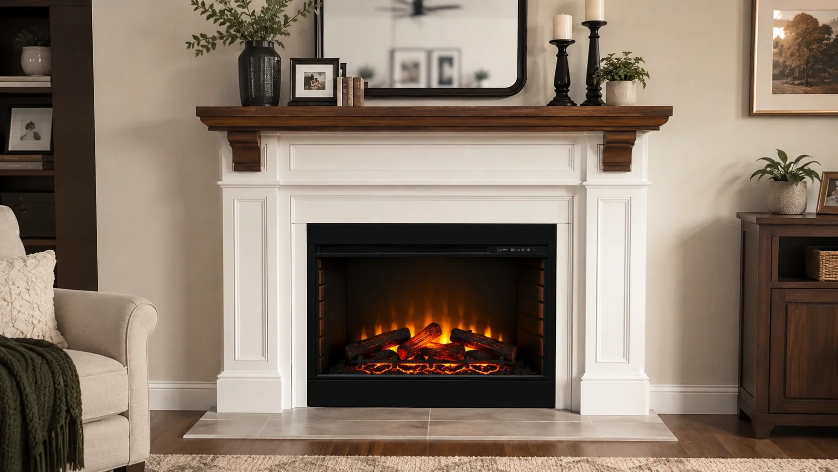 Beautiful DIY faux fireplace with mantel and decorative elements
